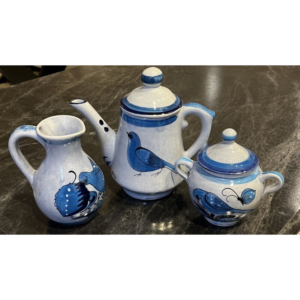 Tonala Mexican Folk Art Tea Pot Set - Blue Hand Painted Bird & Butterfly pottery